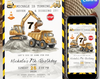 Invito di compleanno a tema cantiere, per qualsiasi età, Scavando, camion ribaltabile, Modello modificabile, Download digitale, Invito stampabile