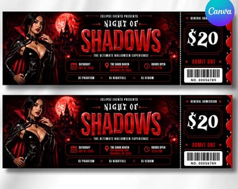 Halloween Party Ticket, Vampire Halloween Event Ticket, Night of Shadows Party, Editable Canva Template, Instant Download
