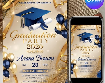 Invito alla festa di laurea 2026, annuncio della classe del 2026, modello di laurea blu (download digitale)
