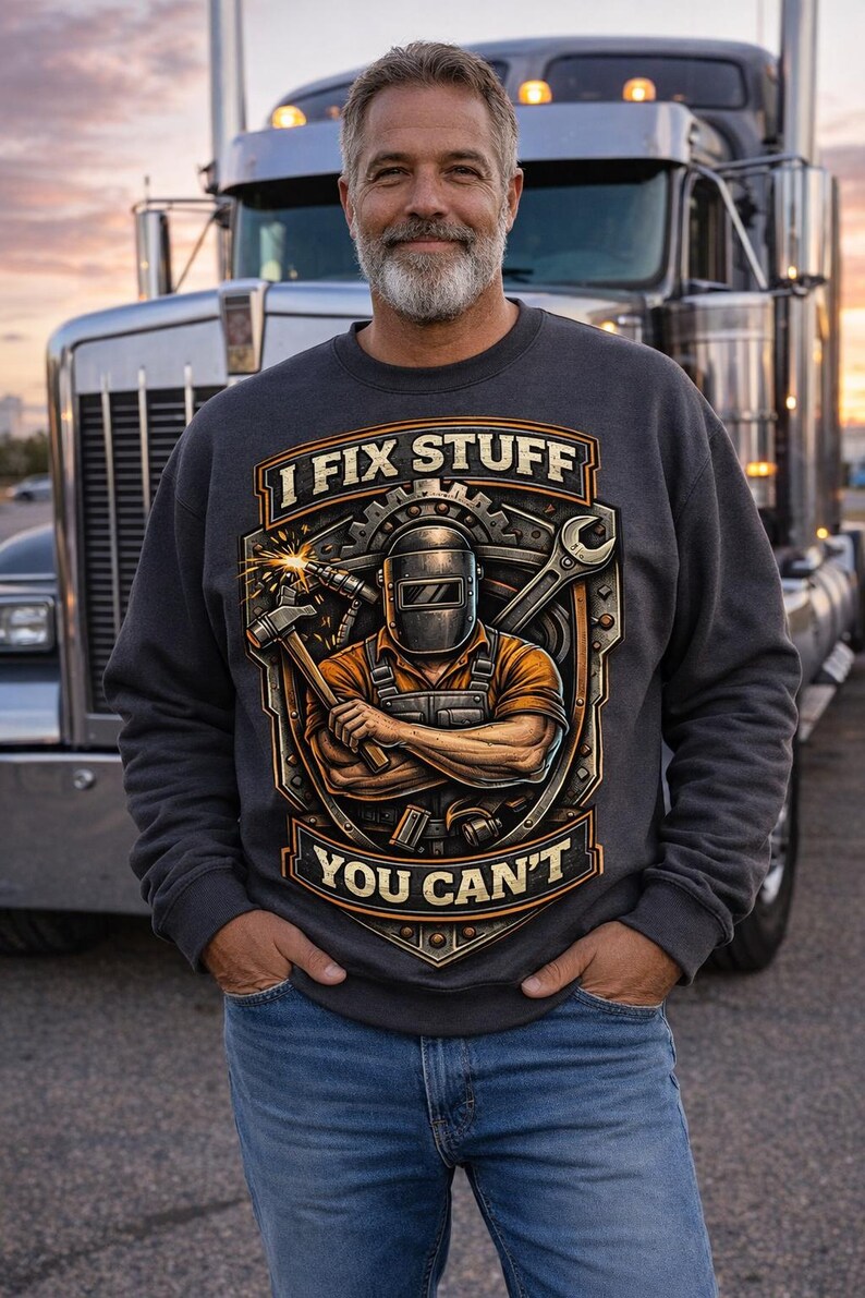 May include: A charcoal gray sweatshirt with the text "I FIX STUFF YOU CAN'T" and a graphic of a welder with tools. The man in the image is wearing blue jeans and standing in front of a semi-truck.