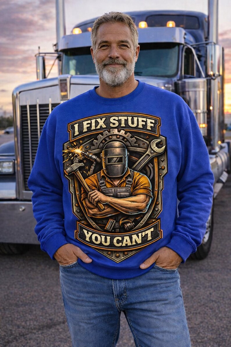May include: Royal blue sweatshirt with the text "I FIX STUFF YOU CAN'T" and a graphic of a welder with tools. The design features a hammer, wrench, and welding mask. The person is wearing blue jeans and standing in front of a semi-truck.