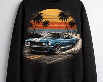 Vintage Mustang Shirt PNG, Classic Muscle Car Art, Retro Sunset Car Design, Car Lover Sweatshirt Graphic
