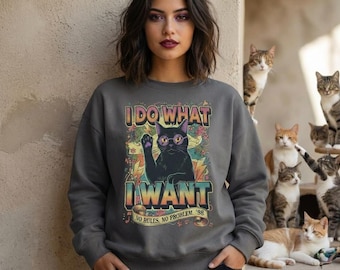 Funny Retro Cat Sweatshirt Design, I Do What I Want PNG (Digital Download)