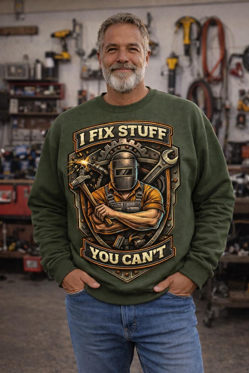 May include: Green sweatshirt with the text "I FIX STUFF YOU CAN'T" and a graphic of a welder with tools. The design is in a shield shape with a gear and wrench. The person is wearing blue jeans.