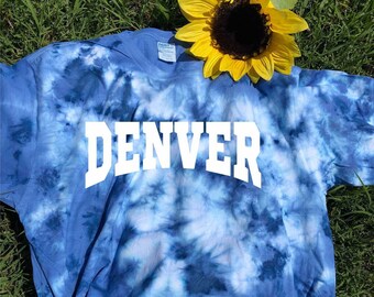 DENVER Shirt Unisex - Blue Tie Dye with white imprint - Denver Sports - Basketball - Football - Hockey