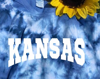 KANSAS Shirt Unisex - Blue Tie Dye with white imprint - Kansas Sports - Basketball - Football - Hockey