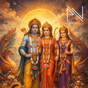 May include: A colourful digital painting shows three figures wearing elaborate gold jewellery and bright clothing. The central figures stand on a tiered platform, surrounded by flowers and candles. A kneeling figure in the foreground is praying. The artwork has a spiritual theme.