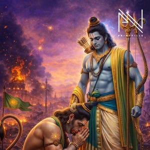 Op de afbeelding: Digitale illustratie van twee figuren in traditionele Indiase kledij. Eén figuur knielt, handen gevouwen in gebed, terwijl de andere staat met pijl en boog. De achtergrond toont een vurige scène met een vlag en brandende structuren.