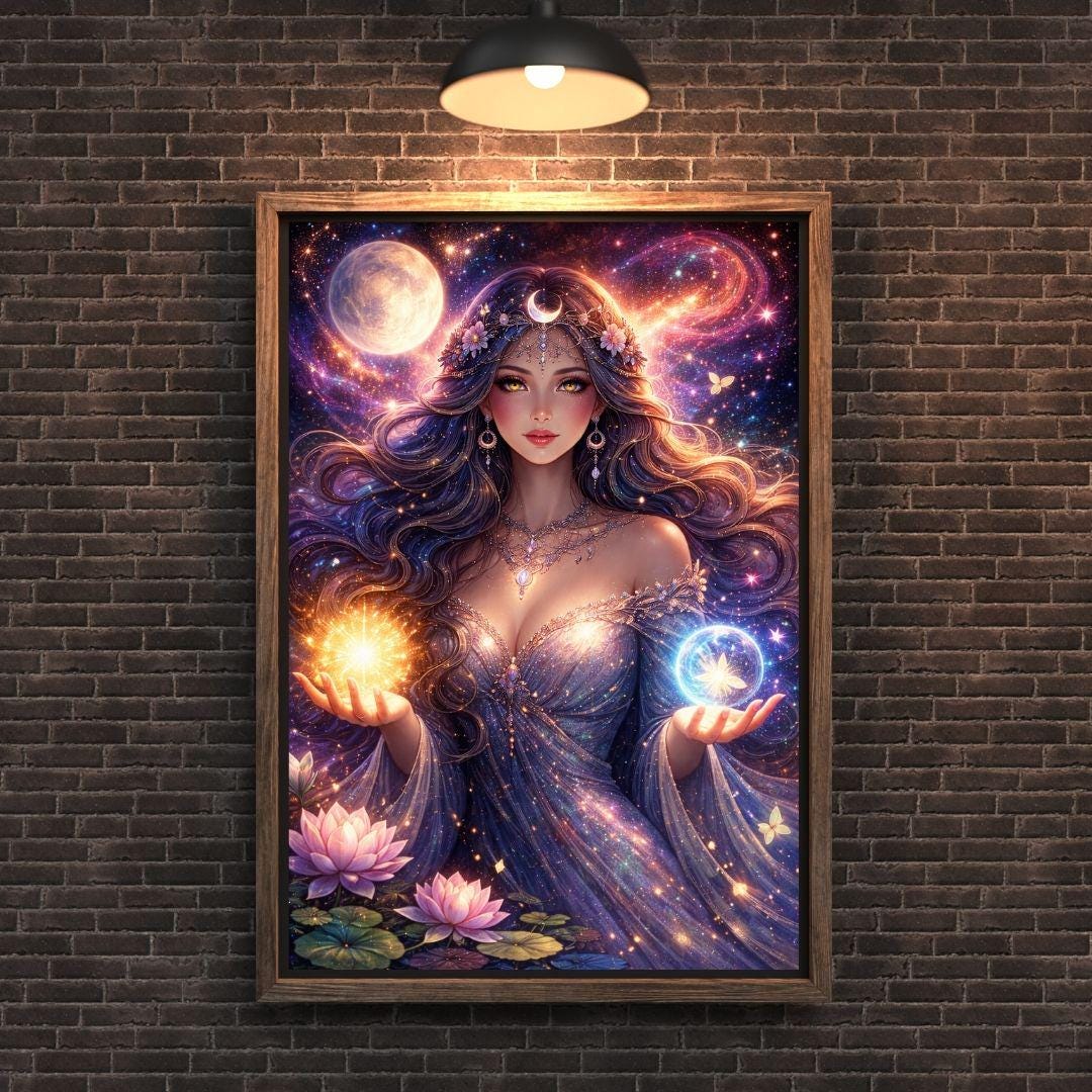 Celestial Goddess Wall Art Print, Cosmic Moon Fantasy Painting, Divine ...