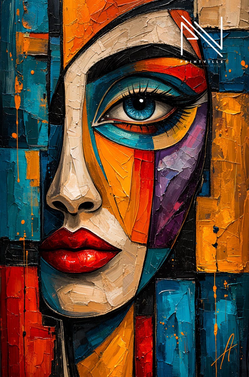 Colorful Abstract Face Wall Art, Modern Cubist Portrait Print ...