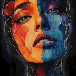 Może przedstawiać: Żywy portret twarzy podzielonej na dwie części: jedna strona w ciepłych odcieniach pomarańczu i czerwieni, druga w chłodnych odcieniach niebieskiego i fioletu. Złote linie i ciemne tło podkreślają obraz. Widoczne jest logo Printville.