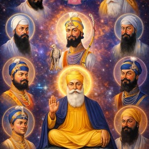 May include: Digital art print depicting nine Sikh gurus, each with a halo, against a cosmic backdrop. The central figure is seated, radiating light. The image includes the Printville logo.