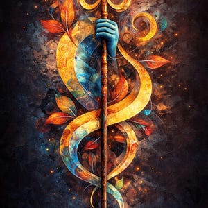 Könnte beinhalten: Eine künstlerische Darstellung eines Dreizacks, gehalten von einer blauen Hand, mit goldenem Kopf und Holzschaft. Das Kunstwerk zeigt wirbelnde goldene und blaue Bänder, orangefarbene Blätter und einen dunklen, strukturierten Hintergrund mit funkelnden Akzenten.