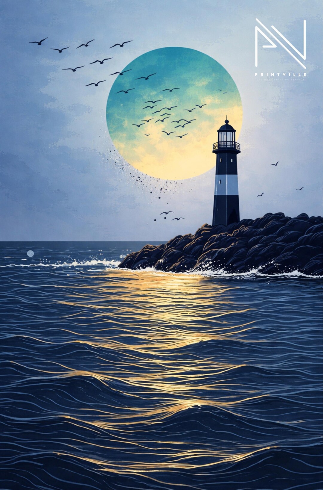 Lighthouse Ocean Wall Art, Coastal Sunset Print, Nautical Seascape ...