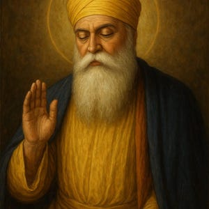 May include: A portrait of a man with a long white beard and a yellow turban. He is wearing a yellow garment and a blue shawl. A golden halo surrounds his head, and his eyes are closed.