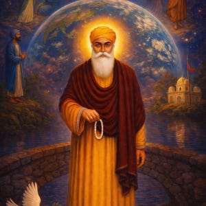 May include: A painting of a spiritual figure in a yellow robe and turban, holding a string of beads. The image features a dove with an olive branch, a lotus flower, and a bridge over water. The background includes a globe and figures in prayer.