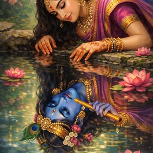 Op de afbeelding: Digitale kunstprint met een vrouw in een roze sari, versierd met gouden sieraden, die naar haar weerspiegeling in het water kijkt. De weerspiegeling toont een blauwhuidige figuur die een fluit bespeelt. Roze lotusbloemen drijven op het water.