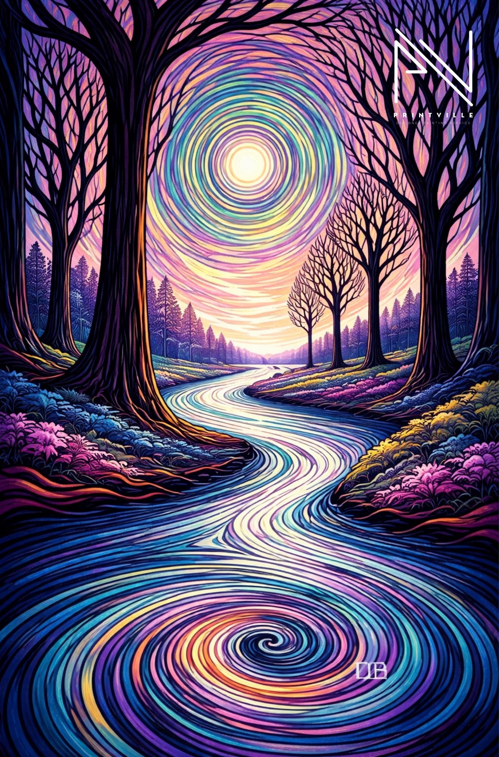 Psychedelic Forest Wall Art, Colorful River Landscape Print, Trippy ...