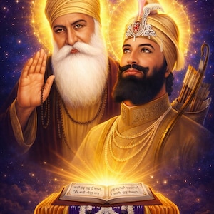 May include: Digital artwork featuring two figures with halos, one with a white beard and the other with a turban and a beard, both in traditional dress. A book with text is illuminated below them, with a floral garland and the number 16.