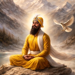 Peut inclure: Impression numérique d'un homme en robe et turban jaunes, méditant sur un rocher. Une écharpe blanche et un oiseau blanc sont également présents. L'arrière-plan présente des montagnes et un ciel nuageux. Le logo Printville est en haut à droite.