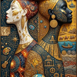 Könnte beinhalten: Detaillierte, künstlerische Illustration mit zwei stilisierten weiblichen Figuren Rücken an Rücken. Eine ist hellhäutig mit goldenen Akzenten, die andere dunkelhäutig. Das Kunstwerk enthält himmlische, wissenschaftliche und historische Elemente, mit dem Wort "OMNISCIENTIA" oben.