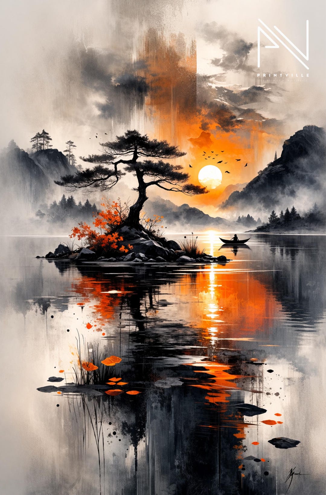 Zen Sunset Lake Wall Art – Japanese Ink Style Landscape Print - Etsy
