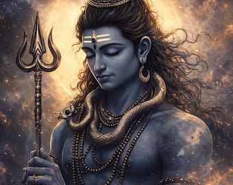 Puede incluir: Impresión de arte digital de una deidad de piel azul con los ojos cerrados, adornada con joyas y una serpiente. La figura sostiene un tridente sobre un fondo celestial con una luna creciente y un brillo dorado.