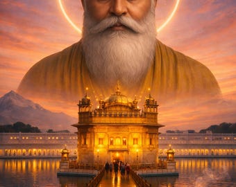 May include: Digital art print featuring a spiritual figure with a golden halo, set against a sunset sky. Below, a golden temple reflects in the water, with a bridge leading to it. The Printville logo is in the upper right corner.