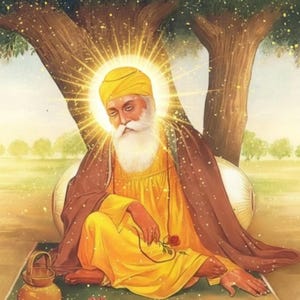 May include: An illustration of a religious figure in yellow and brown robes, wearing a yellow turban, and seated under a tree. The figure has a white beard and is holding a red rose. A golden light emanates from behind the figure's head.