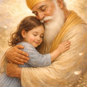 May include: A digital painting shows a man and a young girl in a close embrace. The man, in a yellow turban and robe, holds the girl. She wears a blue dress. Soft pink flowers and falling petals are scattered around the pair, creating a peaceful scene.