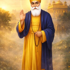 Può includere: Illustrazione digitale di una figura religiosa in abiti gialli e blu, con barba bianca e alone. La figura tiene una collana di perline e ha una mano alzata. Un tempio dorato è sullo sfondo.
