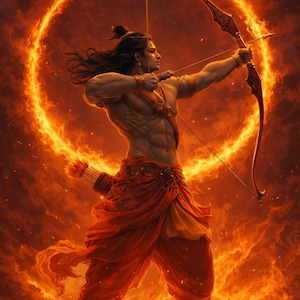 May include: Digital illustration of a muscular figure in orange clothing, drawing a bow and arrow. The background is a fiery orange with a glowing ring. The image has a dramatic, heroic theme.