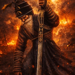 May include: Digital art of a warrior kneeling, holding a sword with intricate gold detailing. The warrior wears a black turban and robe, with detailed arm wraps. The background is a fiery, apocalyptic scene with the Printville logo.