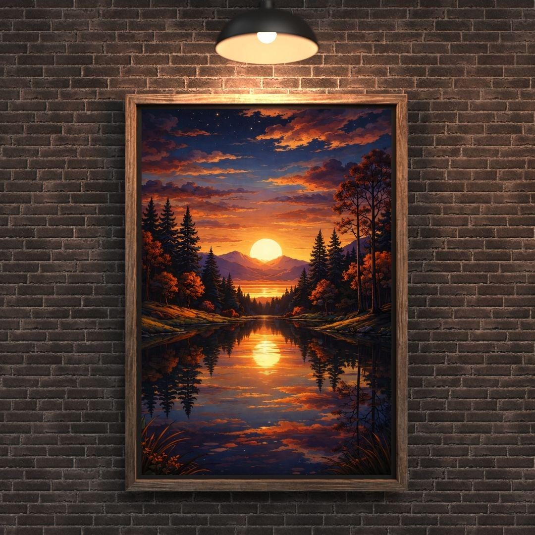 Sunset Lake Wall Art Print, Forest Reflection Landscape Artwork ...