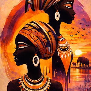 African Women Sunset Art Print, Tribal Silhouette, Cultural Home Decor
