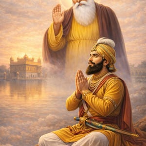 May include: A digital painting showing a spiritual scene with two figures. One figure is in a yellow turban and robes, with hands clasped in prayer. The other figure is in the background, also in a yellow turban and robes. A golden temple is in the background.