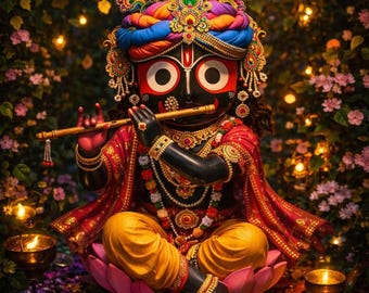 May include: A digital illustration of a deity with a dark complexion, adorned with a colorful turban, jewelry, and a flute. The figure is seated on a lotus flower, surrounded by candles and a vibrant, rainbow-colored ground. The background features flowers and soft lighting.