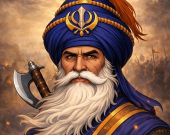 May include: Digital art portrait of a Sikh warrior in a blue turban with gold accents and a white beard. He holds a battle axe and is set against a background of a battlefield and a cloudy sky.