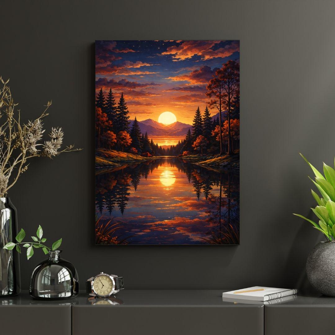 Sunset Lake Wall Art Print, Forest Reflection Landscape Artwork ...