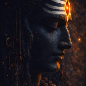 May include: Digital art print of a serene figure with dark skin, closed eyes, and long, flowing hair. A white and orange mark adorns the forehead. The image has a spiritual theme, with a Printville logo in the upper right corner.