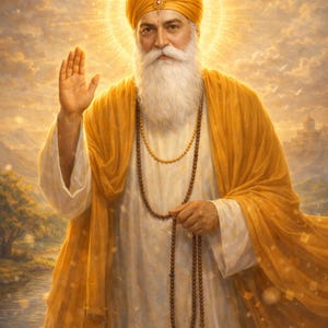 Guru Nanak Dev Ji Wall Art – Sikh Blessing Portrait – Spiritual Golden Decor Print