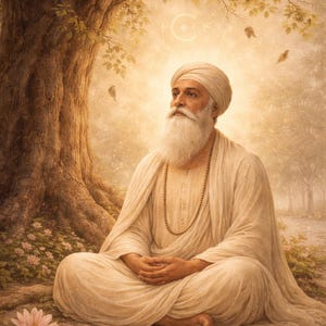 May include: A digital painting shows a man in white robes and a turban, meditating under a tree. The artwork has soft lighting, birds, and lotus flowers, creating a peaceful atmosphere. The Printville logo is in the upper right corner.