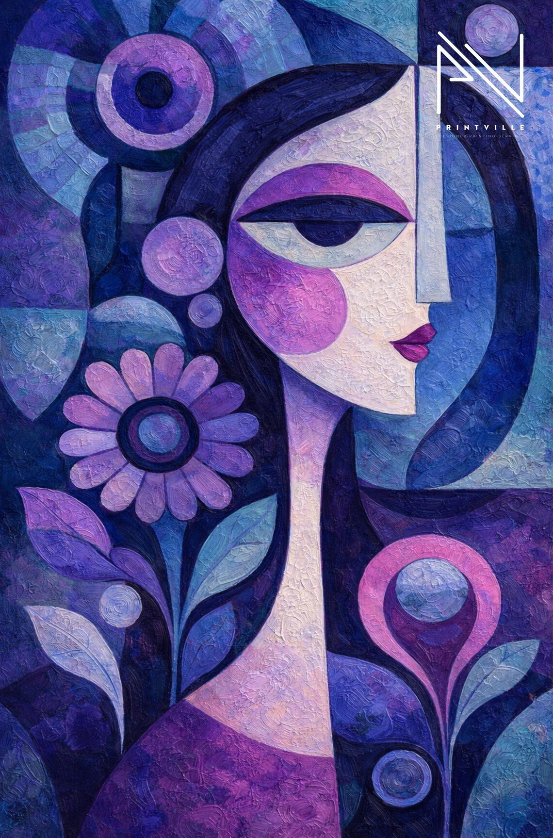 Abstract Woman Face Wall Art Print, Modern Cubist Portrait Painting ...