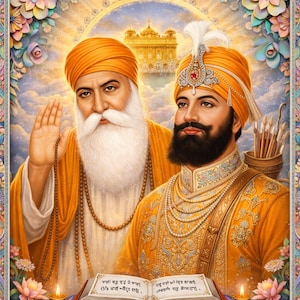 May include: A colourful digital illustration depicting two figures in traditional Sikh dress. They wear gold and orange clothing, turbans, and jewellery. An open book with text rests on a table, with a golden temple and floral details in the background.