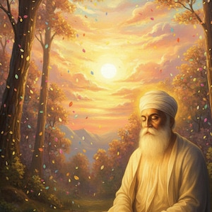 May include: Digital art print depicting a man in white robes and a turban meditating in a forest. The background shows a sunset with colourful leaves falling. The Printville logo is in the upper right corner.