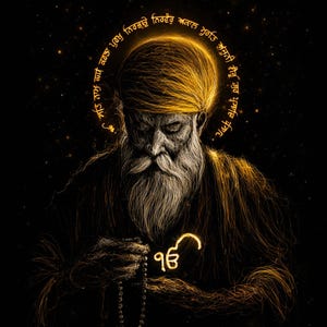 May include: Digital art print depicting a spiritual figure with a golden halo and beard, holding a glowing symbol. The image has intricate details and a dark background with text in a circular pattern. The Printville logo is in the upper right corner.