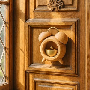 May include: A wooden alarm clock with a gold-colored bell and a gold handle. The clock is mounted on a wooden door with a decorative panel. The clock's design is minimalist and modern, with a focus on natural materials and clean lines.