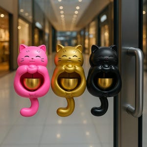 May include: Three cat-shaped door knockers in pink, gold, and black. Each cat holds a golden bell in its paws and has a smiling face. The knockers are mounted on a glass door with a silver handle, set against a blurred background.