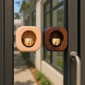 May include: Two wooden door handles, one light-coloured and one dark, each with a rounded square shape. Inside each handle is a gold-coloured, bowl-shaped element suspended by a thin string. The handles are mounted on a glass door.