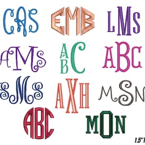 Könnte beinhalten: Eine Sammlung gestickter Monogramm-Designs in verschiedenen Schriftarten und Farben, darunter Blau, Kupfer, Lila, Türkis, Pink, Marineblau, Orange, Braun, Rot und Grün. Der Text 1.5" TO 4" ist unten rechts im Bild zu sehen.